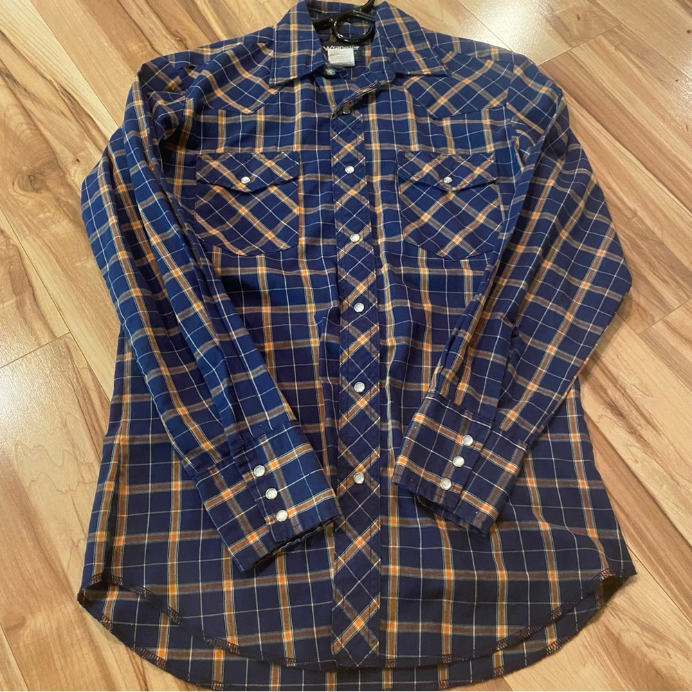 Wrangler Navy Plaid Western Button-Down Shirt—S